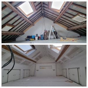 Aménagement d'un grenier à Charleroi - avant/apres coté lit