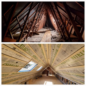 Aménagement d'un grenier à Mons - Avant/après de la transformation de charpente, etanchéité à l'air et isolation